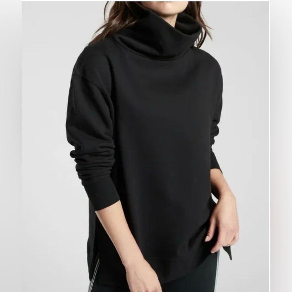 Athleta 24/7 Funnel Neck Sweatshirt Black Side Slits Inside Fleece Size Small - Picture 1 of 9